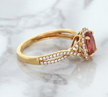 Load image into Gallery viewer, 1.08ct Oval Padparadscha Ring with Diamond Halo in 18K Rose Gold