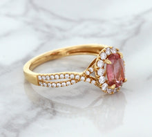 Load image into Gallery viewer, 1.08ct Oval Padparadscha Ring with Diamond Halo in 18K Rose Gold