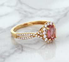 Load image into Gallery viewer, 1.08ct Oval Padparadscha Ring with Diamond Halo in 18K Rose Gold