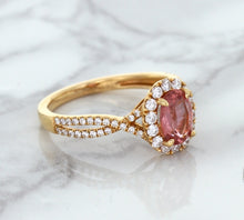 Load image into Gallery viewer, 1.08ct Oval Padparadscha Ring with Diamond Halo in 18K Rose Gold