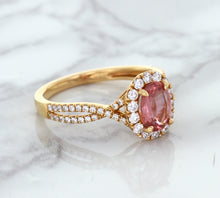 Load image into Gallery viewer, 1.08ct Oval Padparadscha Ring with Diamond Halo in 18K Rose Gold