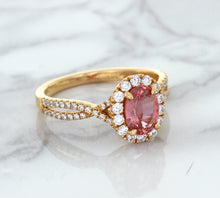 Load image into Gallery viewer, 1.08ct Oval Padparadscha Ring with Diamond Halo in 18K Rose Gold