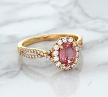 Load image into Gallery viewer, 1.08ct Oval Padparadscha Ring with Diamond Halo in 18K Rose Gold