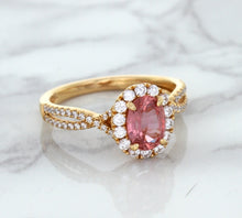 Load image into Gallery viewer, 1.08ct Oval Padparadscha Ring with Diamond Halo in 18K Rose Gold