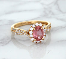 Load image into Gallery viewer, 1.08ct Oval Padparadscha Ring with Diamond Halo in 18K Rose Gold
