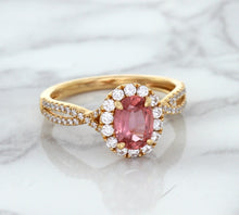 Load image into Gallery viewer, 1.08ct Oval Padparadscha Ring with Diamond Halo in 18K Rose Gold