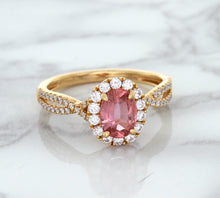 Load image into Gallery viewer, 1.08ct Oval Padparadscha Ring with Diamond Halo in 18K Rose Gold