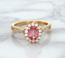 Load image into Gallery viewer, 1.08ct Oval Padparadscha Ring with Diamond Halo in 18K Rose Gold
