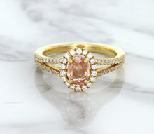 Load image into Gallery viewer, 0.96ct Oval Padparadscha Ring with Diamond Halo in 18K Rose Gold