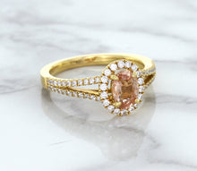 Load image into Gallery viewer, 0.96ct Oval Padparadscha Ring with Diamond Halo in 18K Rose Gold