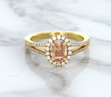 Load image into Gallery viewer, 0.96ct Oval Padparadscha Ring with Diamond Halo in 18K Rose Gold