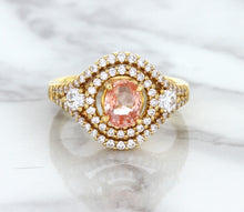 Load image into Gallery viewer, 1.01ct Oval Padparadscha Ring with Double Diamond Halo in 18K Rose Gold