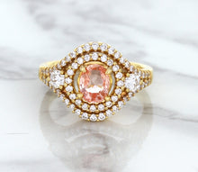 Load image into Gallery viewer, 1.01ct Oval Padparadscha Ring with Double Diamond Halo in 18K Rose Gold