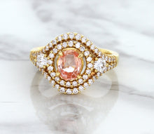 Load image into Gallery viewer, 1.01ct Oval Padparadscha Ring with Double Diamond Halo in 18K Rose Gold