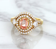 Load image into Gallery viewer, 1.01ct Oval Padparadscha Ring with Double Diamond Halo in 18K Rose Gold