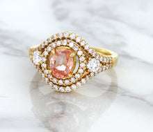 Load image into Gallery viewer, 1.01ct Oval Padparadscha Ring with Double Diamond Halo in 18K Rose Gold