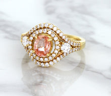 Load image into Gallery viewer, 1.01ct Oval Padparadscha Ring with Double Diamond Halo in 18K Rose Gold