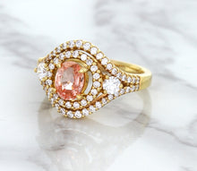 Load image into Gallery viewer, 1.01ct Oval Padparadscha Ring with Double Diamond Halo in 18K Rose Gold