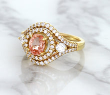 Load image into Gallery viewer, 1.01ct Oval Padparadscha Ring with Double Diamond Halo in 18K Rose Gold