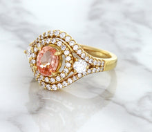 Load image into Gallery viewer, 1.01ct Oval Padparadscha Ring with Double Diamond Halo in 18K Rose Gold