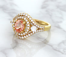 Load image into Gallery viewer, 1.01ct Oval Padparadscha Ring with Double Diamond Halo in 18K Rose Gold