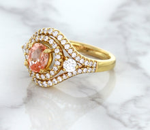 Load image into Gallery viewer, 1.01ct Oval Padparadscha Ring with Double Diamond Halo in 18K Rose Gold
