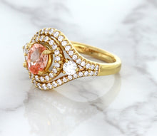 Load image into Gallery viewer, 1.01ct Oval Padparadscha Ring with Double Diamond Halo in 18K Rose Gold