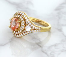 Load image into Gallery viewer, 1.01ct Oval Padparadscha Ring with Double Diamond Halo in 18K Rose Gold