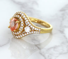 Load image into Gallery viewer, 1.01ct Oval Padparadscha Ring with Double Diamond Halo in 18K Rose Gold