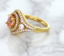 Load image into Gallery viewer, 1.01ct Oval Padparadscha Ring with Double Diamond Halo in 18K Rose Gold