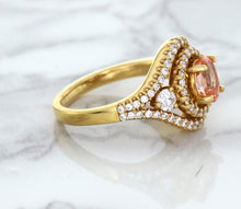 Load image into Gallery viewer, 1.01ct Oval Padparadscha Ring with Double Diamond Halo in 18K Rose Gold