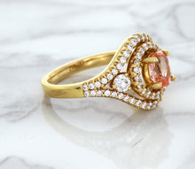 Load image into Gallery viewer, 1.01ct Oval Padparadscha Ring with Double Diamond Halo in 18K Rose Gold