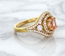 Load image into Gallery viewer, 1.01ct Oval Padparadscha Ring with Double Diamond Halo in 18K Rose Gold