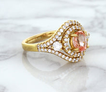 Load image into Gallery viewer, 1.01ct Oval Padparadscha Ring with Double Diamond Halo in 18K Rose Gold