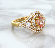 Load image into Gallery viewer, 1.01ct Oval Padparadscha Ring with Double Diamond Halo in 18K Rose Gold