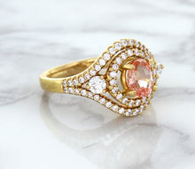 Load image into Gallery viewer, 1.01ct Oval Padparadscha Ring with Double Diamond Halo in 18K Rose Gold