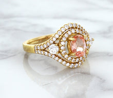 Load image into Gallery viewer, 1.01ct Oval Padparadscha Ring with Double Diamond Halo in 18K Rose Gold