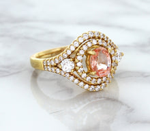 Load image into Gallery viewer, 1.01ct Oval Padparadscha Ring with Double Diamond Halo in 18K Rose Gold