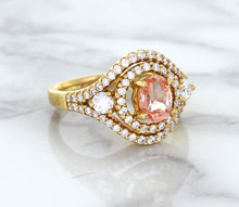 Load image into Gallery viewer, 1.01ct Oval Padparadscha Ring with Double Diamond Halo in 18K Rose Gold