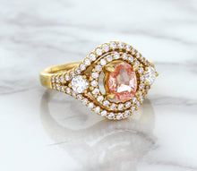 Load image into Gallery viewer, 1.01ct Oval Padparadscha Ring with Double Diamond Halo in 18K Rose Gold