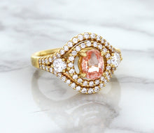 Load image into Gallery viewer, 1.01ct Oval Padparadscha Ring with Double Diamond Halo in 18K Rose Gold