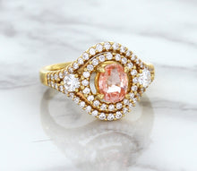 Load image into Gallery viewer, 1.01ct Oval Padparadscha Ring with Double Diamond Halo in 18K Rose Gold