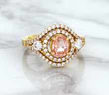 Load image into Gallery viewer, 1.01ct Oval Padparadscha Ring with Double Diamond Halo in 18K Rose Gold