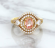 Load image into Gallery viewer, 1.01ct Oval Padparadscha Ring with Double Diamond Halo in 18K Rose Gold