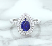 Load image into Gallery viewer, 1.48ct Pear Blue Sapphire Ring with Double Diamond Halo in 18K White Gold