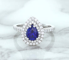 Load image into Gallery viewer, 1.48ct Pear Blue Sapphire Ring with Double Diamond Halo in 18K White Gold
