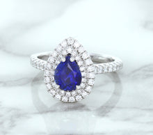 Load image into Gallery viewer, 1.48ct Pear Blue Sapphire Ring with Double Diamond Halo in 18K White Gold
