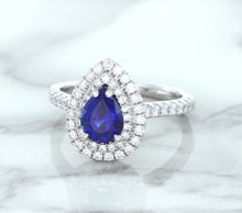 Load image into Gallery viewer, 1.48ct Pear Blue Sapphire Ring with Double Diamond Halo in 18K White Gold