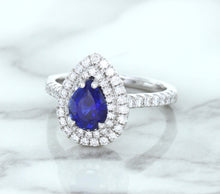 Load image into Gallery viewer, 1.48ct Pear Blue Sapphire Ring with Double Diamond Halo in 18K White Gold