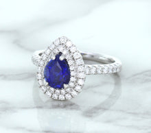 Load image into Gallery viewer, 1.48ct Pear Blue Sapphire Ring with Double Diamond Halo in 18K White Gold